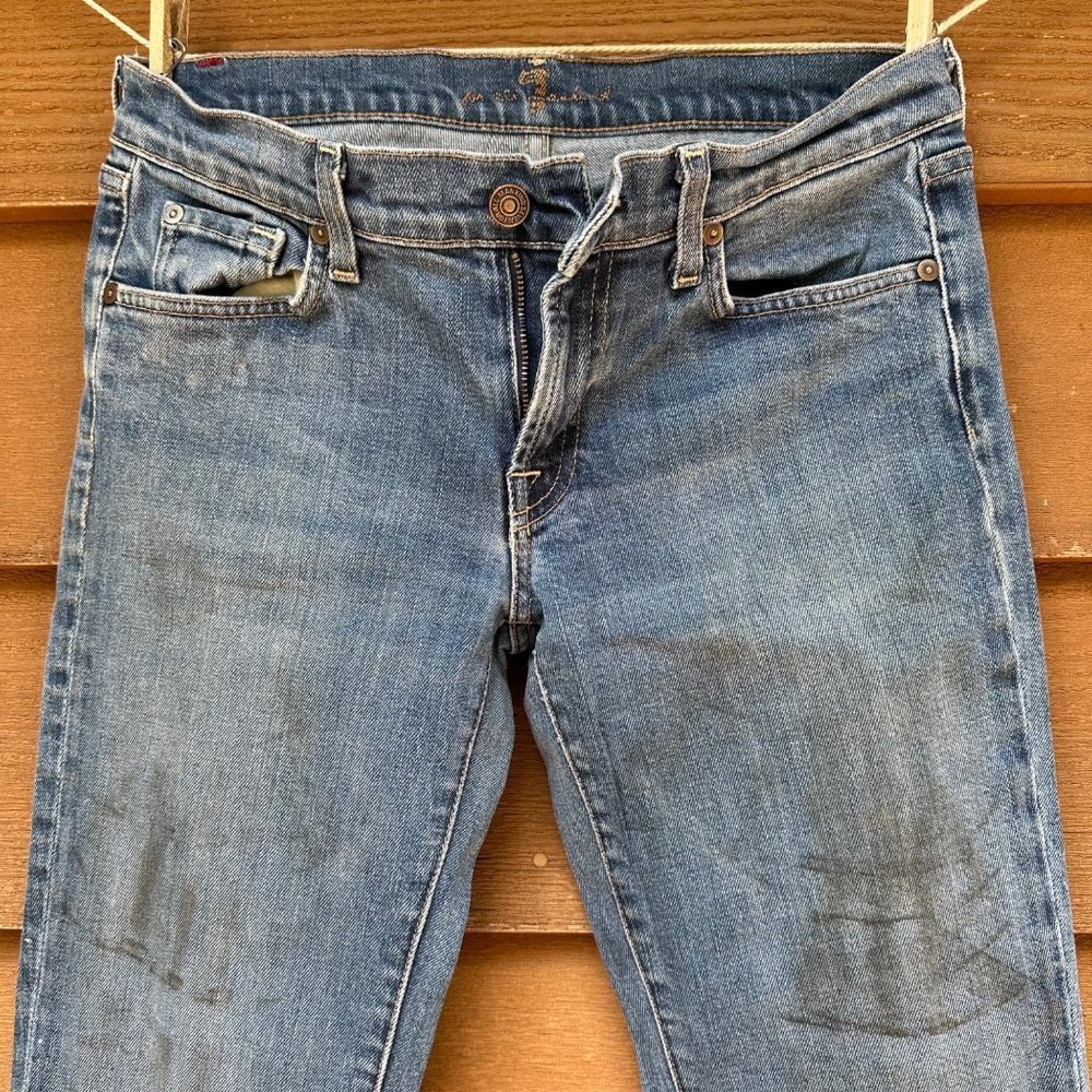 7 for All Mankind Destroyed Bootcut Worked in Low Rise Blue Jeans Size 30 - Picture 2 of 10